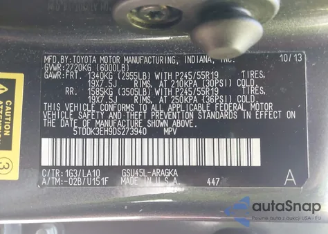 2013 Toyota Highlander Limited V6 z USA, uszkodzony, nr VIN 5TDDK3EH9DS273940